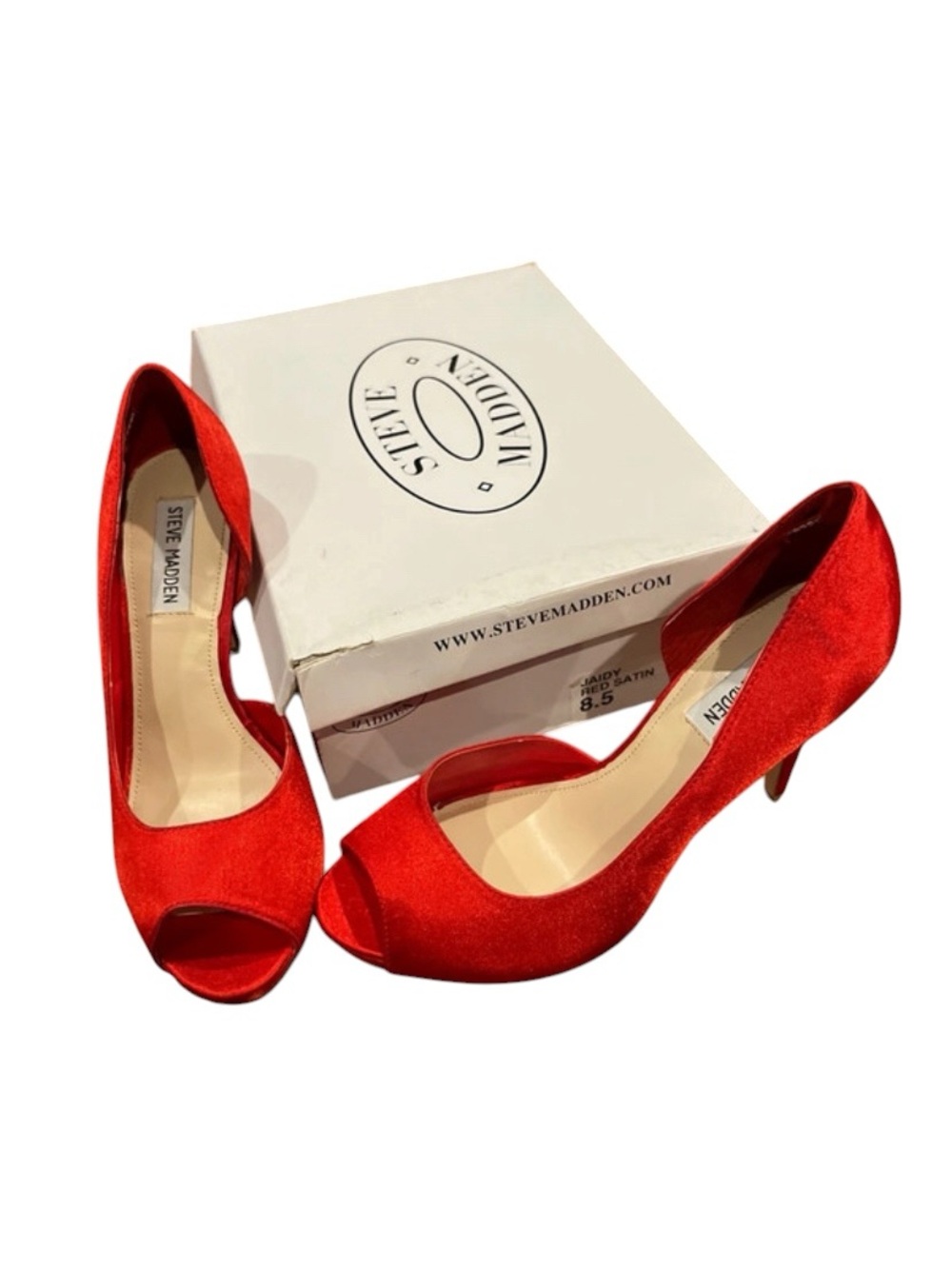 Steve Madden Red Satin peep-toe heels classic stiletto silhouette pin up glam